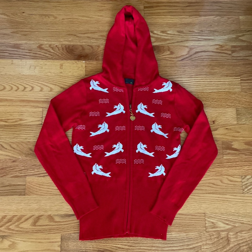 Red Dolphin Zip-Up Hoodie Sweater